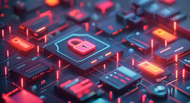 A circuit board with a glowing red lock on a blue background.