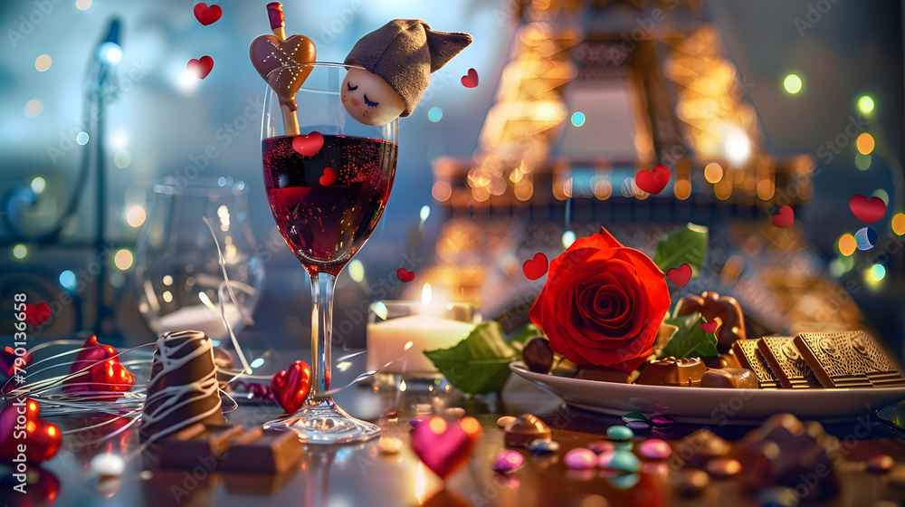 Poster chocolates for valentine's day on the background of the eiffel tower