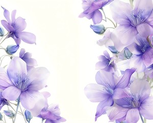 Soft focus watercolor purple funeral flowers, central text space, serene lighting