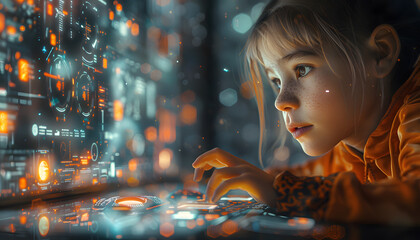 technology concept. Education new technology. EdTech. The child uses a futuristic processor for augmented reality. high technology and communication concepts.