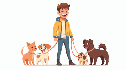 Happy boy walking his purebred dogs on leash. Young s