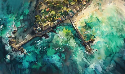 Fotobehang Illustrate an aerial view landscape using watercolor, featuring a coastal town embracing biodegradable technology Capture the vibrant hues of the ocean and eco-friendly structures with a touch of whim © NeeArtwork
