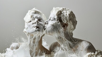 Close-up of two people in white paint, kissing on the cheek - obrazy, fototapety, plakaty