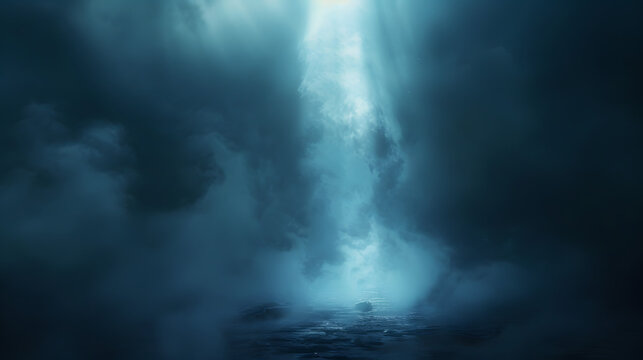 A vast cone with indigo light shining from it. against a black scene