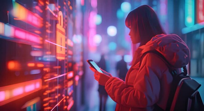 A girl in a red jacket looks at her phone while walking through a city at night.