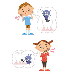 虫歯になった男の子と女の子のイラスト