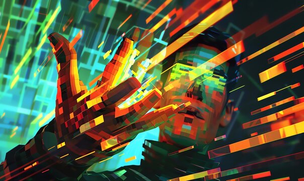 Illustrate the concept of gesture recognition in an abstract, pixel art style at eye-level angle Use bold colors and sharp lines to convey a sense of modern technology and interaction