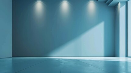 A light blue wall and smooth floor in the interior complement the minimalistic blue background.