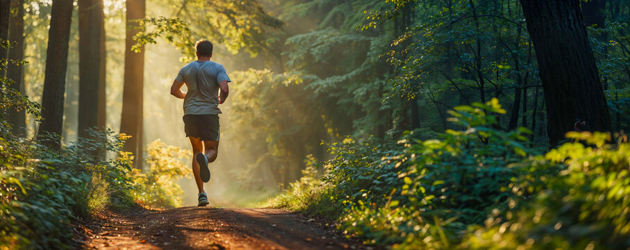 homme qui fait du jogging dans la for&ecirc;t pendant l'&eacute;t&eacute;