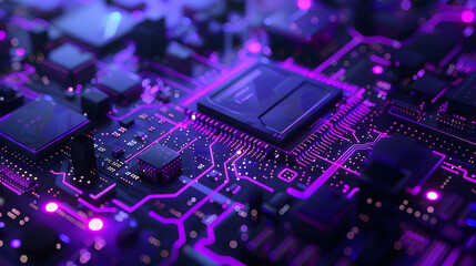 A virtual depiction of a logo illustrating internet protection. featuring aspects like motherboard traces and firewall symbols in purple LED lights on a midnight blue canvas.