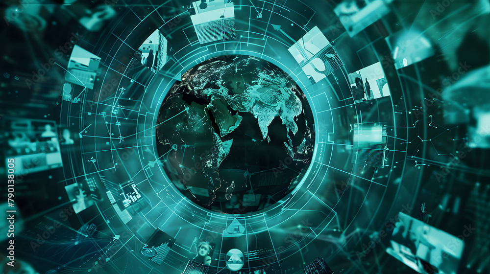 Aufkleber a virtualized globe circled by information pathways. with images of tech leaders interacting with it