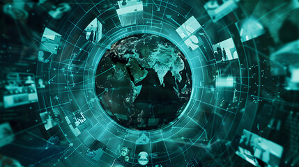 A virtualized globe circled by information pathways. with images of tech leaders interacting with it in unique ways. The environment is dark turquoise - obrazy, fototapety, plakaty