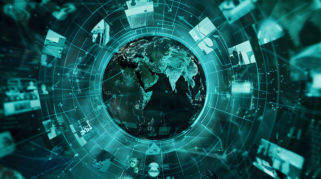 A virtualized globe circled by information pathways. with images of tech leaders interacting with it in unique ways. The environment is dark turquoise