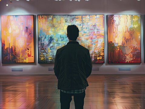 Art gallery visitor observing paintings that subtly shift into live stock tickers, art imitating economic life.