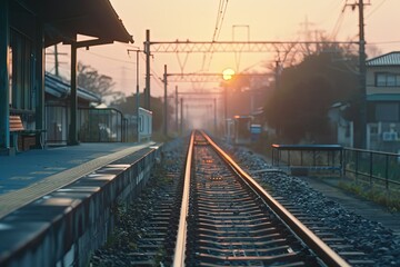 Fototapeta na wymiar a train track with the sun setting in the background