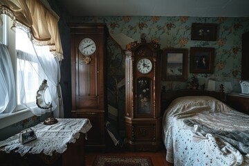 a room with a bed and a grandfather clock - obrazy, fototapety, plakaty