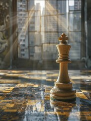 Strategically positioning the chess piece amidst towering shadows, embodying shrewd business maneuvers on the board.