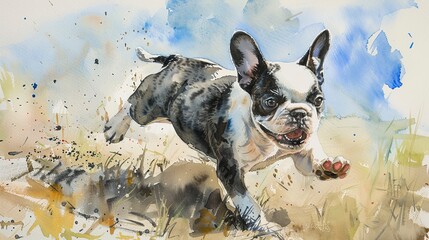 Watercolor painting of a french bulldog puppy in a yard