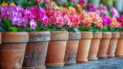 A row of colorful orchids in terracotta pots on a rustic timber table.