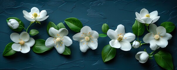 scattered spring flowers on dark blue color background,