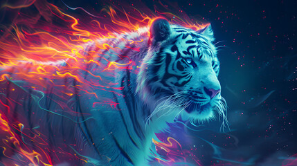 A white tiger with colorful flames on its body. glowing eyes and long hair - obrazy, fototapety, plakaty
