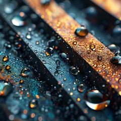 Abstract background of metal blocks with drops of water. Shallow depth of field