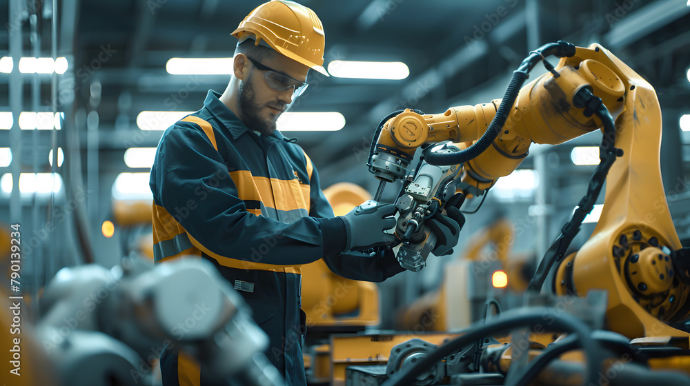 Poster a worker in a navy and gold uniform is servicing the hydraulic system of a robotic arm in a factory