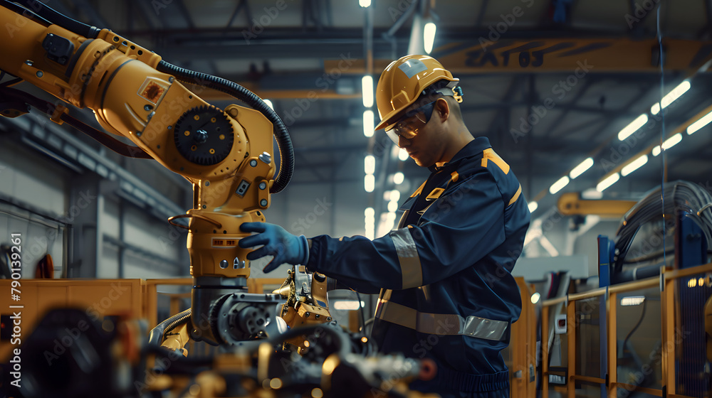 Poster a worker in a navy and gold uniform is servicing the hydraulic system of a robotic arm in a factory