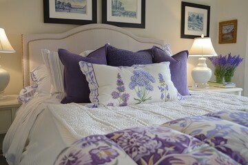 a bed with purple and white pillows and pictures on the wall