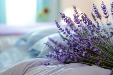 a bunch of lavender flowers laying on a bed