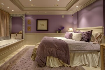 a bedroom with purple walls and a large bed