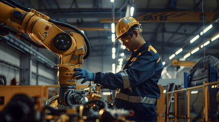 A worker in a navy and gold uniform is servicing the hydraulic system of a robotic arm in a factory