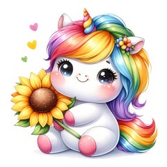 Obraz na płótnie Canvas Chubby unicorn rainbow holding a sunflower watercolor clipart