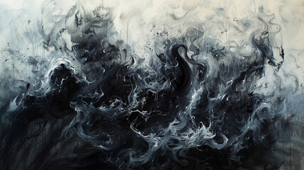 A chaotic blend of smoky tendrils, clashing and intertwining on a canvas, embodying the concept of order within chaos.