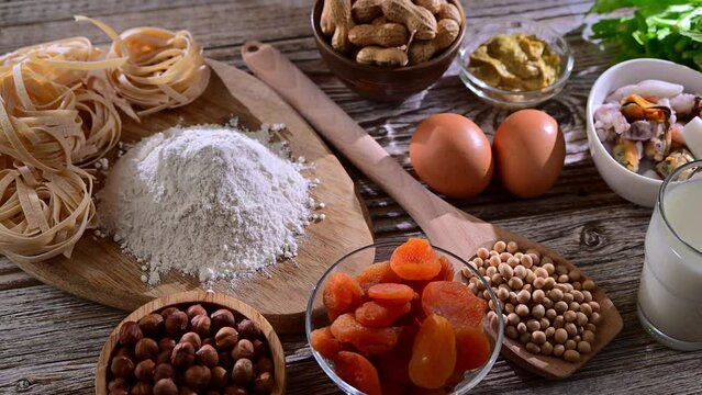 Common food allergens including egg, milk, soya, nuts, fish, seafood, wheat flour, mustard, dried apricots and celery
