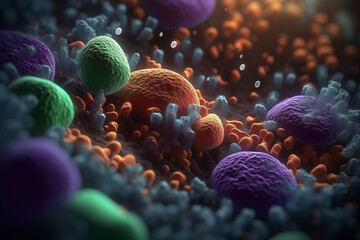 A colorful image of bacteria and other microorganisms. The image is vibrant and lively, with a sense of movement and energy. The various colors and shapes of the microorganisms create a dynamic 