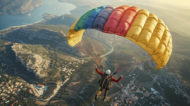 Skydiver with a parachute resembling a pie chart, taking risks in financial investments.