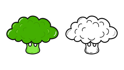 Funny cute happy Broccoli characters bundle set. Vector hand drawn cartoon kawaii character illustration icon. Cute Broccoli. Outline cartoon illustration for coloring book