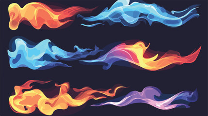 Abstract smooth color flame smoke wave set. 2d flat