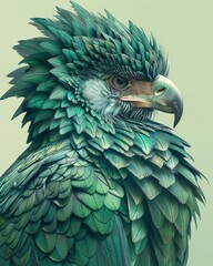 Fototapeta premium A majestic Thunderbird and Eagle hybrid, with vibrant feathers of emerald green and sapphire blue against a light mint backdrop , professional color grading