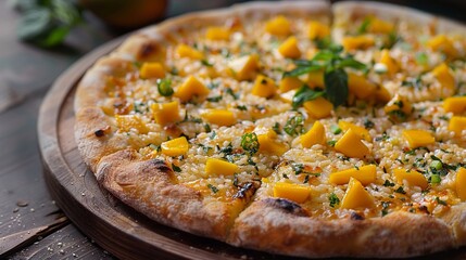 Closeup of a mango rice pizza in a rustic setting, highlighting the unique combination of sweet mango and savory rice, perfect for culinary exploration stories , high resolution DSLR