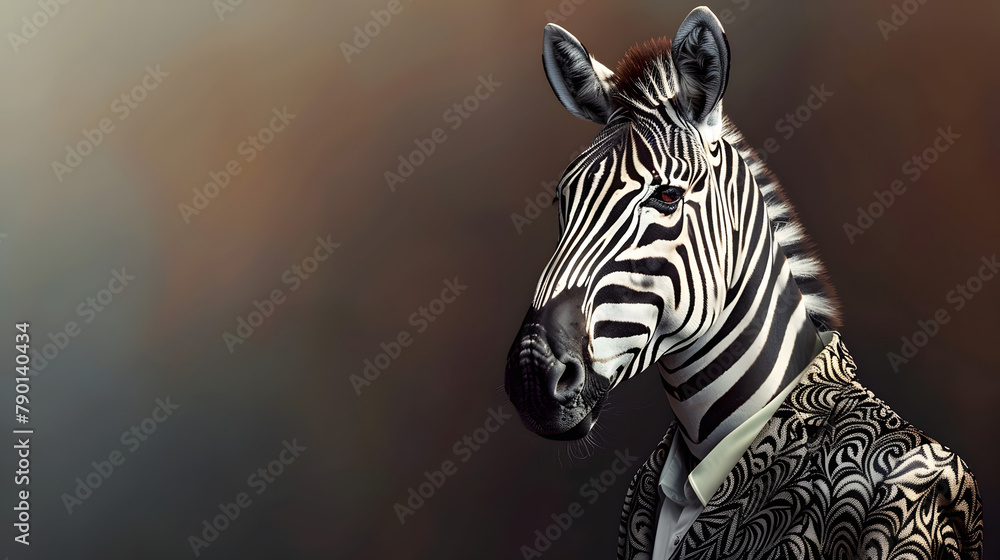 Poster a zebra in a stylish blazer. radiating sophistication with its black and white stripes and distincti
