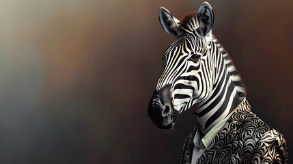 A zebra in a stylish blazer. radiating sophistication with its black and white stripes and distinctive stature. The background is a gradient of savannah hues that enhance the zebra’s vibrant coloratio