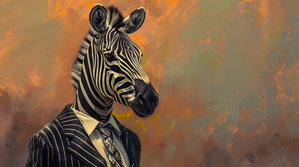 A zebra in a stylish blazer. radiating sophistication with its black and white stripes and distinctive stature. The background is a gradient of savannah hues that enhance the zebra’s vibrant coloratio