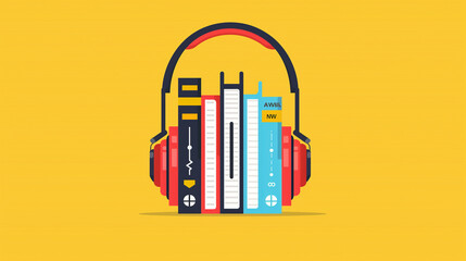 A close-up of red headphones standing on a table with books on a yellow background. Minimalism. The concept of audiobooks. - 790140607