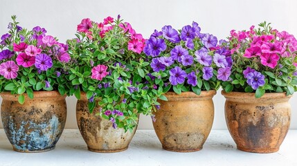 A row of colorful petunias in rustic terracotta pots