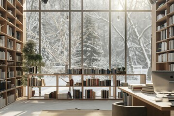 Beautiful library wood home design indoor at winter