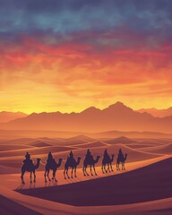 Silk Road caravan at dusk, camels silhouetted against desert, soft golden light, wide angle - obrazy, fototapety, plakaty