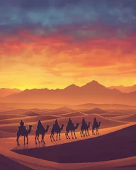 Foto op Plexiglas Silk Road caravan at dusk, camels silhouetted against desert, soft golden light, wide angle © ItziesDesign