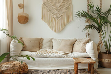 A minimalist bohemian living room with clean lines, textured fabrics, woven baskets, and a...